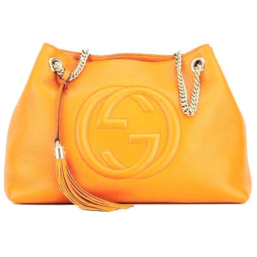 Authentic Gucci Medium Soho Chain Tote Shoulder bag GHW Orange Leather